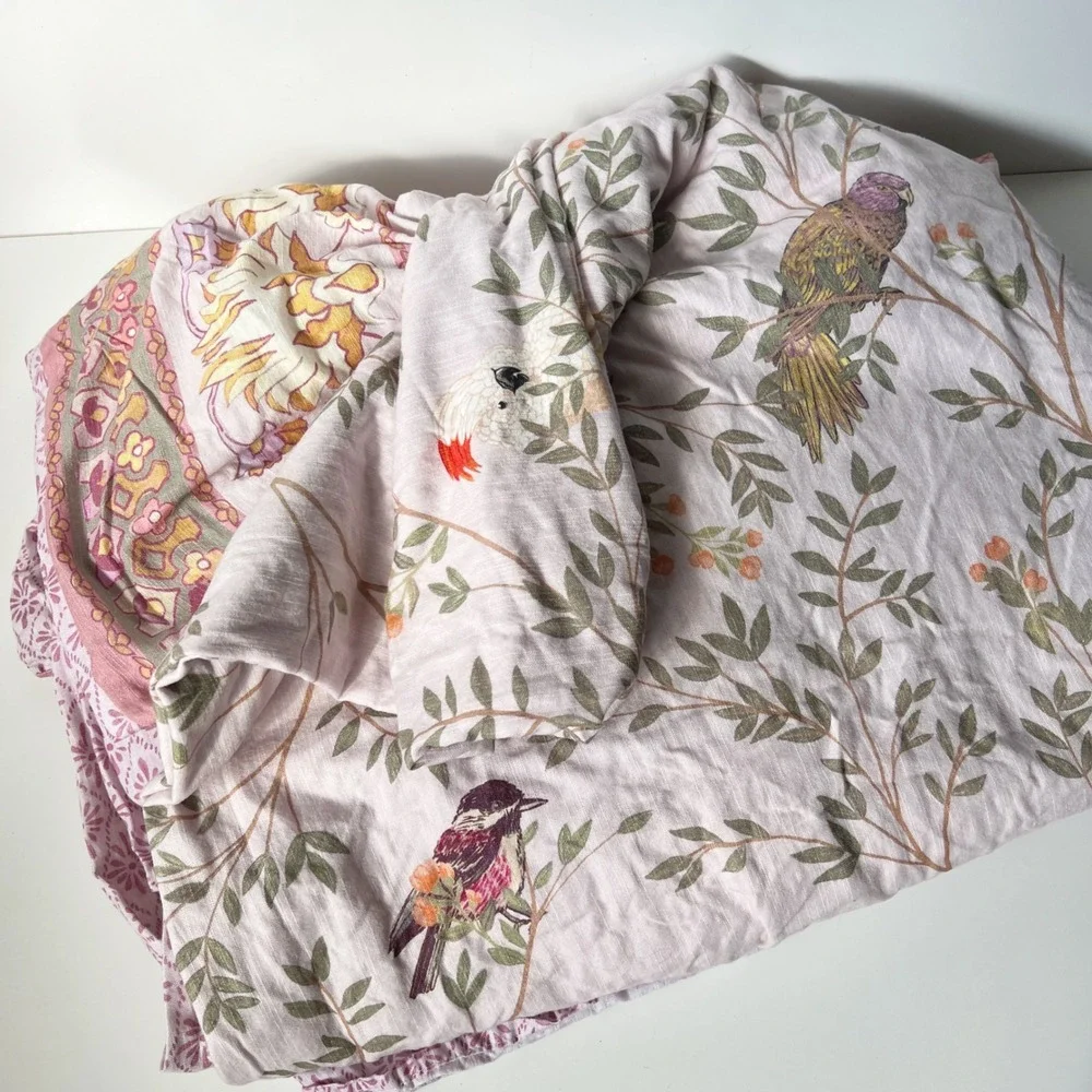 Anthropologie Priyanka Blossom Duvet Cover Queen Organic Cotton Pink Floral Bird